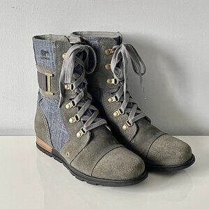 "Sorel" Combat-style Boots in Gray Leather and Blue Canvas